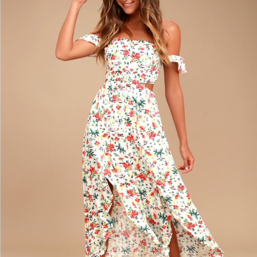 Easy on the Eyes Cream Floral Print Off-the-Shoulder Maxi Dress